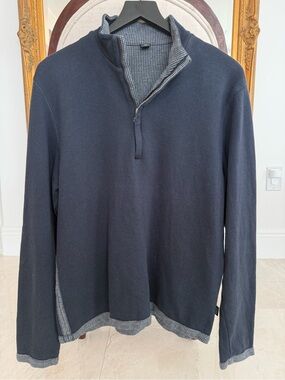 Hugo Boss Men's Navy Half-Zip Sweater with Contrast Trim